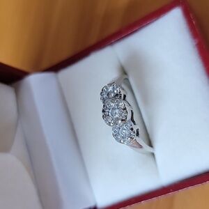 Endless Diamond Cluster Halo Three Stone Engagement Ring, White Gold 14K Sz 10.5